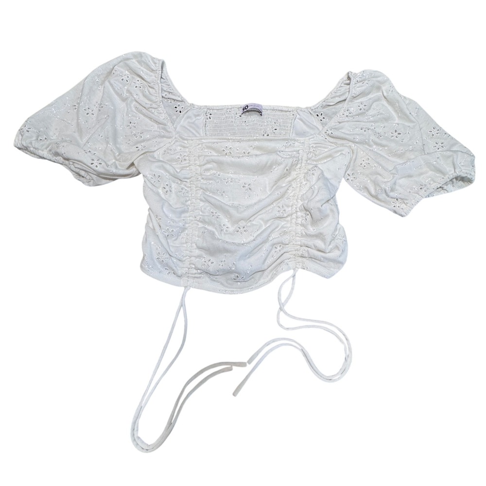 SO Eyelet Puff Sleeve Crop Top Women XL White Ruched Smocked Cottagecore Boho